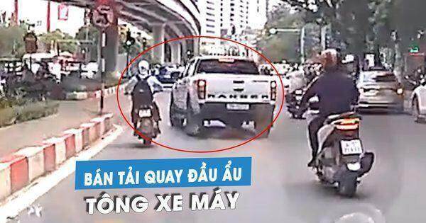 Bật đèn xi-nhan rồi lập tức chuyển hướng, xe bán tải suýt tông chết người trên phố
