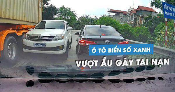 Ô tô biển xanh bị xe container ‘bẻ gương’ vì vượt ẩu trên cầu
