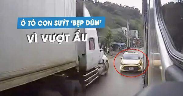 Rùng rợn ô tô con vượt ẩu, suýt bị 2 xe container ‘kẹp’ trên quốc lộ