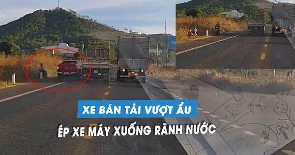 Phẫn nộ ô tô bán tải ‘cướp đường’, ép xe máy lao xuống rãnh nước