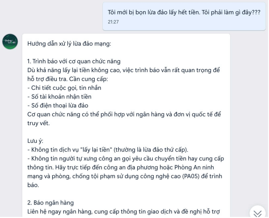 Ra mắt chatbot AI Chống Lừa Đảo trên Zalo hỗ trợ nhận diện rủi ro trực tuyến Ra mắt chatbot AI Chống Lừa Đảo trên Zalo hỗ trợ nhận diện rủi ro trực tuyến