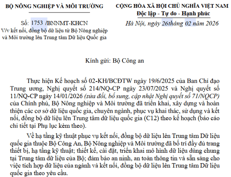 Ngành Nông nghiệp và Môi trường sẵn sàng liên thông dữ liệu quốc gia